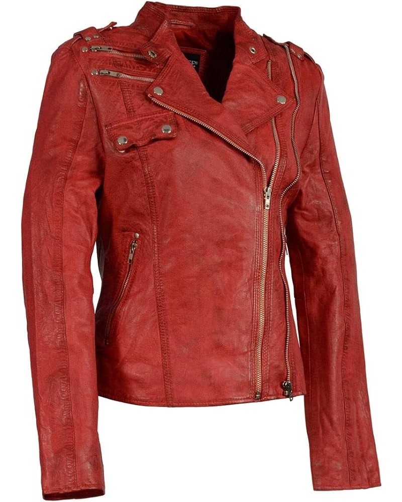 SFL2845 Women's Black Leather Motorcycle Style Fashion Jacket with Asymmetrical Zipper Sfl2845-rdveg-l $50.75 Coats