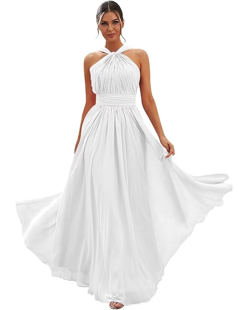 Long Halter Bridesmaid Dresses for Women 2024 A-line Maxi Formal Dresses Elegant with Pockets White $24.50 Dresses