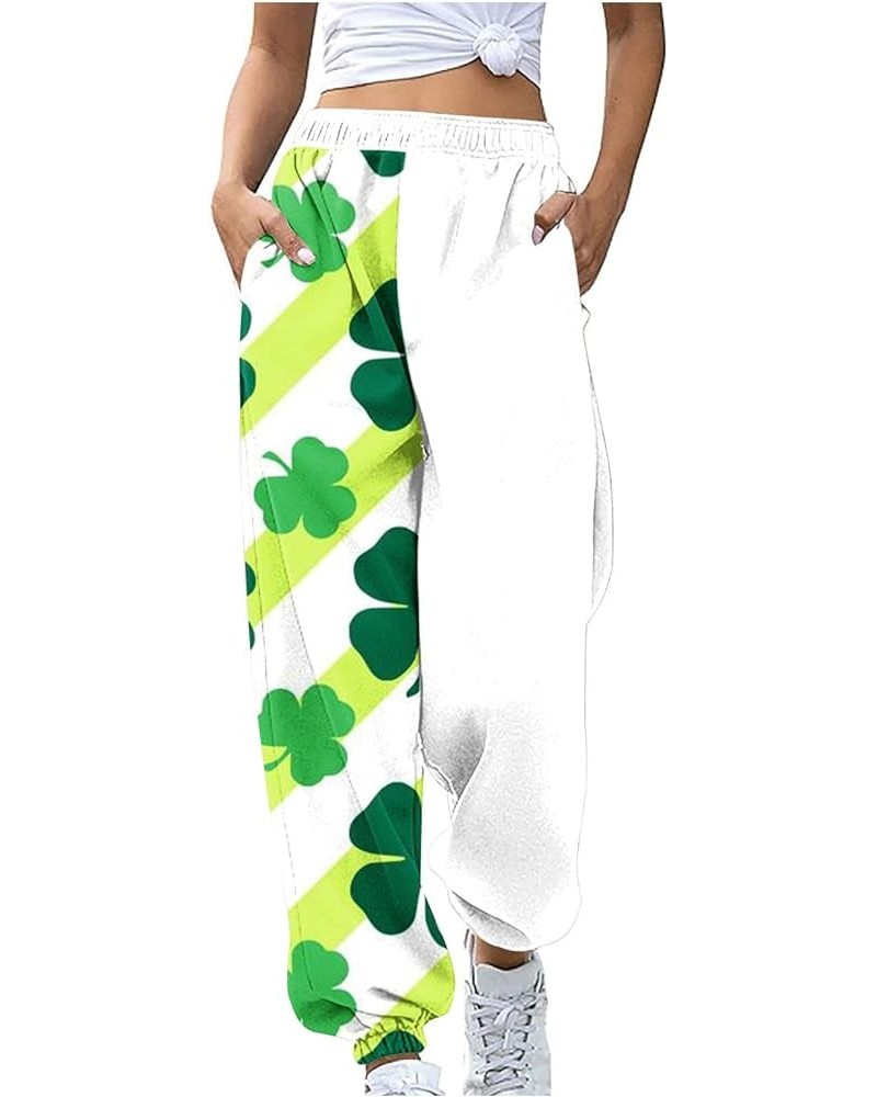 St Patricks Day Pants for Women Shamrock Elastic Waisted Baggy Sweatpant 2024 Jogger Lounge Trousers with Pockets A18-white~s...