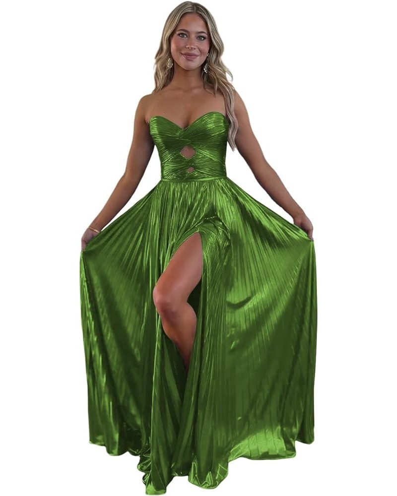 Sparkly Metallic Prom Dresses with Slit A Line Keyhole Satin Long Prom Ball Gowns for Women Green $26.00 Dresses