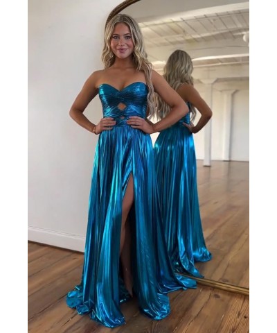 Sparkly Metallic Prom Dresses with Slit A Line Keyhole Satin Long Prom Ball Gowns for Women Green $26.00 Dresses