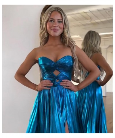 Sparkly Metallic Prom Dresses with Slit A Line Keyhole Satin Long Prom Ball Gowns for Women Green $26.00 Dresses