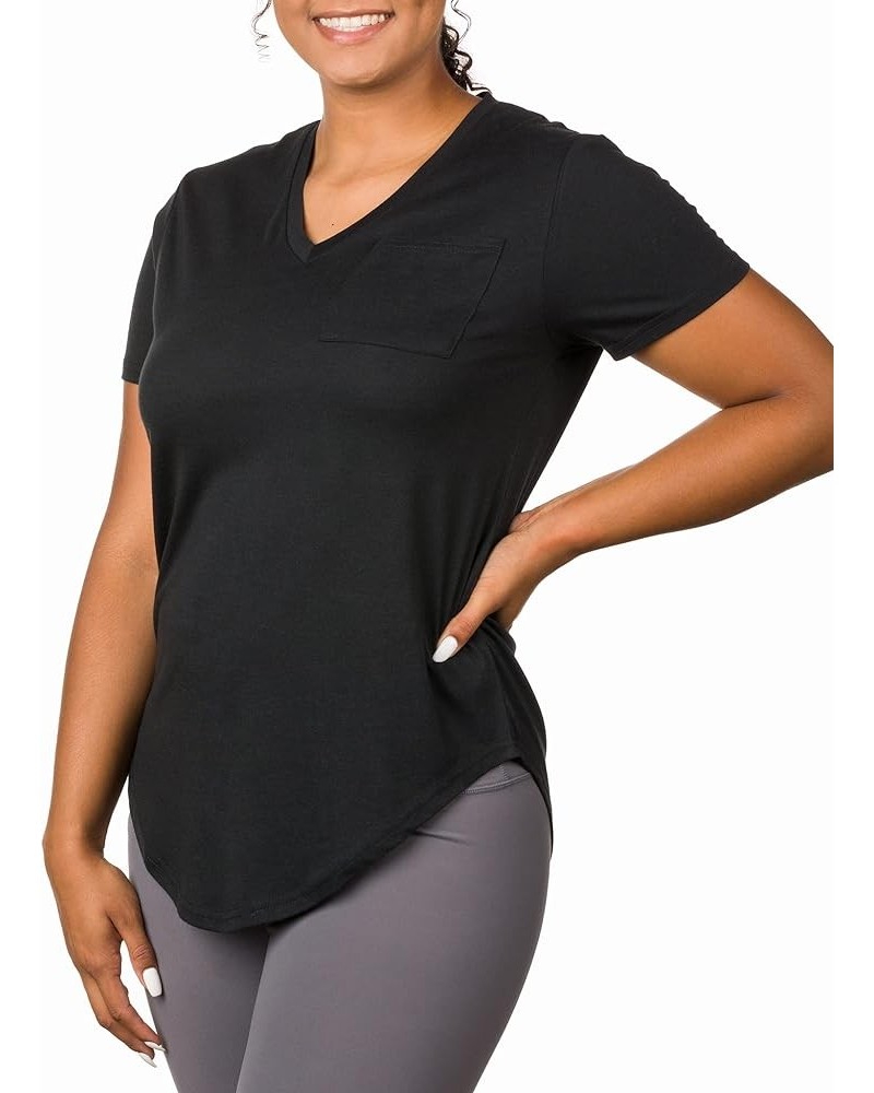 Plus Size Womens V Neck Collar T Shirt | Summer Top with Chest Pocket Black $12.64 Tops