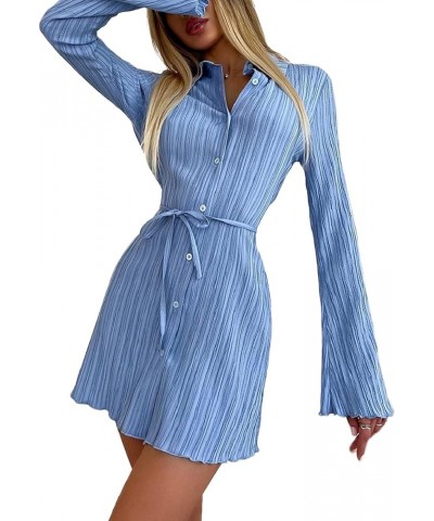 Womens Pleated Long Sleeve Mini Tshirt Dress V Neck Flare Sleeve Belted Short Dress Sexy Tunic Blouse Top Dress Leisure Blue ...