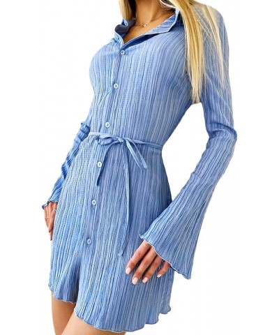 Womens Pleated Long Sleeve Mini Tshirt Dress V Neck Flare Sleeve Belted Short Dress Sexy Tunic Blouse Top Dress Leisure Blue ...