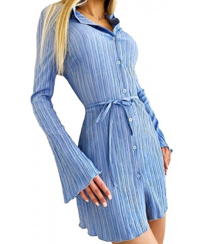 Womens Pleated Long Sleeve Mini Tshirt Dress V Neck Flare Sleeve Belted Short Dress Sexy Tunic Blouse Top Dress Leisure Blue ...