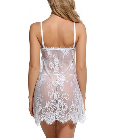 Women Plus Size Lingerie See Through Lace Babydoll Two Piece Sexy Sleepwear Naughty Chemise V Neck Mesh Lingerie Set White $4...