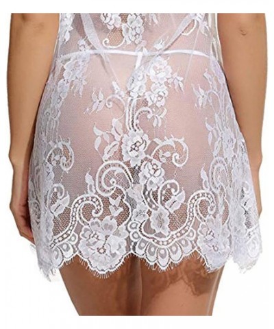 Women Plus Size Lingerie See Through Lace Babydoll Two Piece Sexy Sleepwear Naughty Chemise V Neck Mesh Lingerie Set White $4...