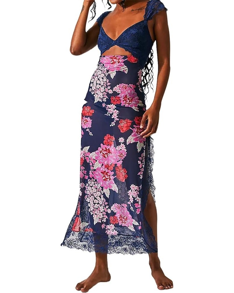 Women Lace Patchwork Printed Maxi Dress Sleeveless Backless Hollow Bodycon Dress Low Cut Fitted Floral Long Dress Blue $9.68 ...