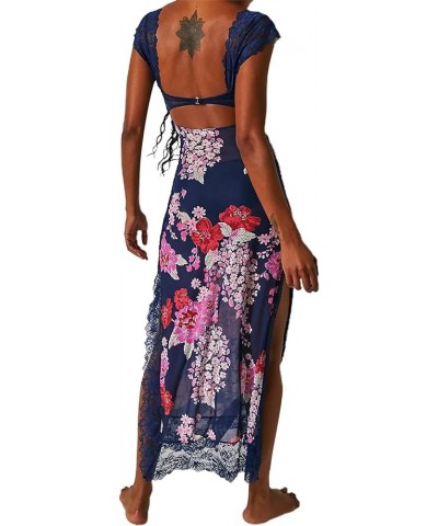 Women Lace Patchwork Printed Maxi Dress Sleeveless Backless Hollow Bodycon Dress Low Cut Fitted Floral Long Dress Blue $9.68 ...