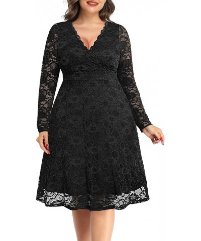 Women Plus Size Wedding Guest Dresses Cocktail Black Wrap Lace Fall Formal Long Sleeve Knee Length Evening Party Dress Black ...