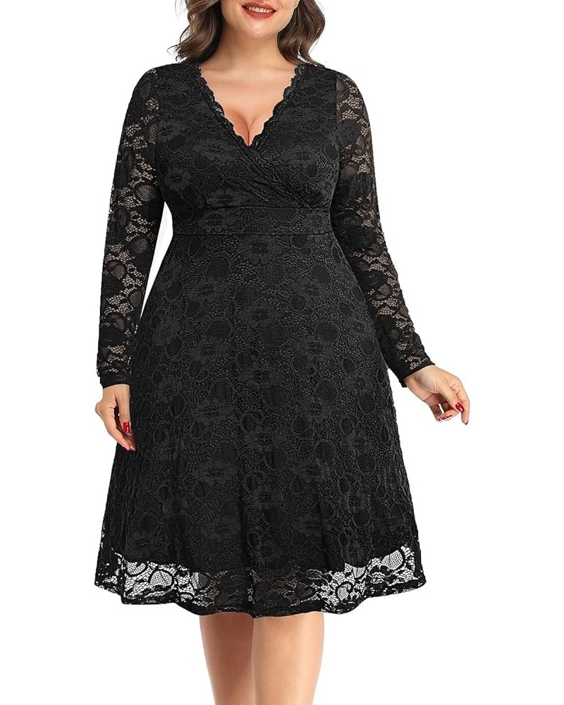 Women Plus Size Wedding Guest Dresses Cocktail Black Wrap Lace Fall Formal Long Sleeve Knee Length Evening Party Dress Black ...