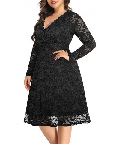 Women Plus Size Wedding Guest Dresses Cocktail Black Wrap Lace Fall Formal Long Sleeve Knee Length Evening Party Dress Black ...