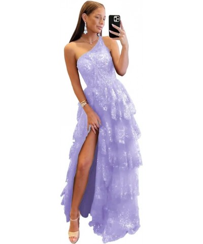 One Shoulder Lace Tulle Tiered Prom Dresses Sparkly Applique Long A Line Formal Evening Party Gowns Lavender $49.39 Dresses