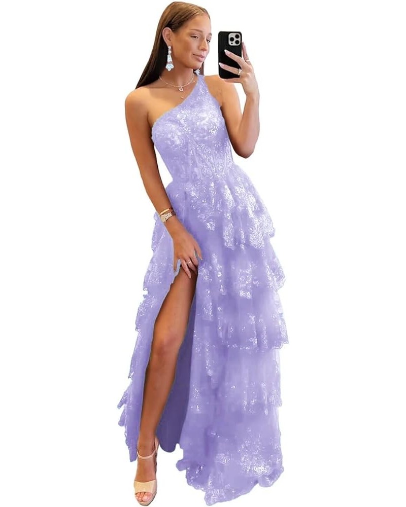 One Shoulder Lace Tulle Tiered Prom Dresses Sparkly Applique Long A Line Formal Evening Party Gowns Lavender $49.39 Dresses