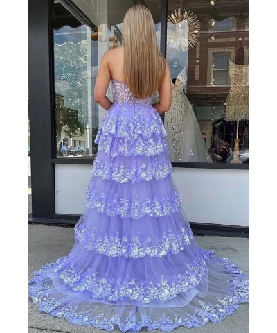 One Shoulder Lace Tulle Tiered Prom Dresses Sparkly Applique Long A Line Formal Evening Party Gowns Lavender $49.39 Dresses