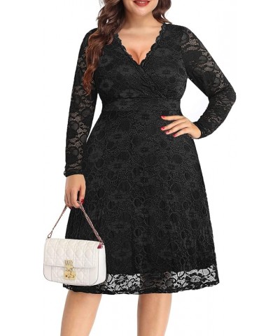 Women Plus Size Wedding Guest Dresses Cocktail Black Wrap Lace Fall Formal Long Sleeve Knee Length Evening Party Dress Black ...