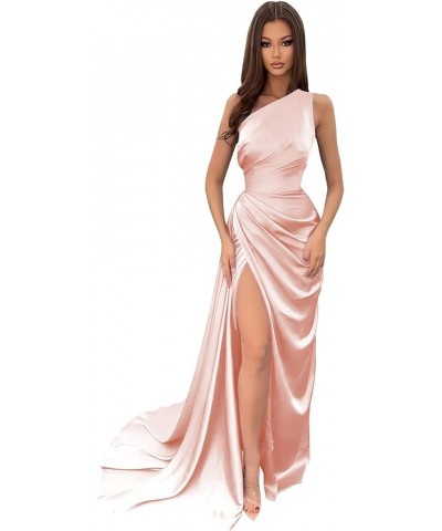 Women's One Shoulder Mermaid Prom Dress with Slit Satin Bridesmaid Dresses Long Ruched Formal Evening Gown Blush Pink $29.72 ...