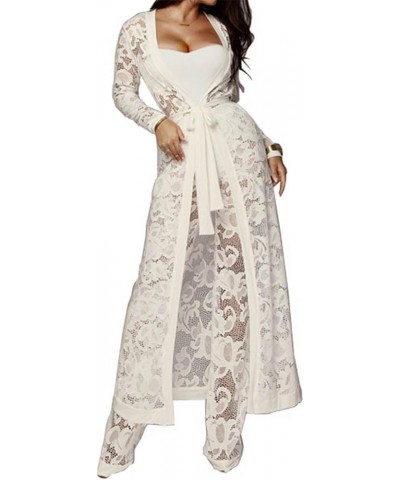 Women's Sexy Lace Transparent See Through Wide Leg Pants Tube Top Long Coat Sets Suits Lace-white $18.80 Suits