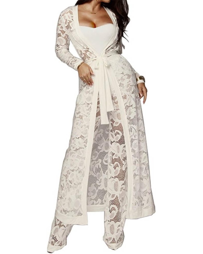 Women's Sexy Lace Transparent See Through Wide Leg Pants Tube Top Long Coat Sets Suits Lace-white $18.80 Suits