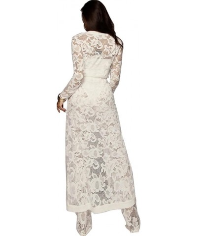 Women's Sexy Lace Transparent See Through Wide Leg Pants Tube Top Long Coat Sets Suits Lace-white $18.80 Suits