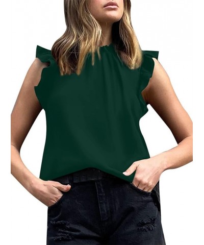 Women's Ruffle Cap Sleeve Frill Mock Neck Babydoll Blouse Casual T Shirt Tops Satin Dark Green $12.50 Blouses