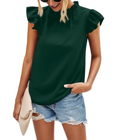 Women's Ruffle Cap Sleeve Frill Mock Neck Babydoll Blouse Casual T Shirt Tops Satin Dark Green $12.50 Blouses