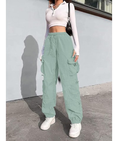 Baggy Parachute Pants for Women& Girls Drawstring Elastic Low Waist Ruched Cargo Pants Multiple Pockets Jogger Y2K Mint green...