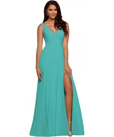 V-Neck Bridesmaid Dress Long with Slit Chiffon A-line Pleated Formal Dresses for Women WD1932P Turquoise $24.79 Dresses