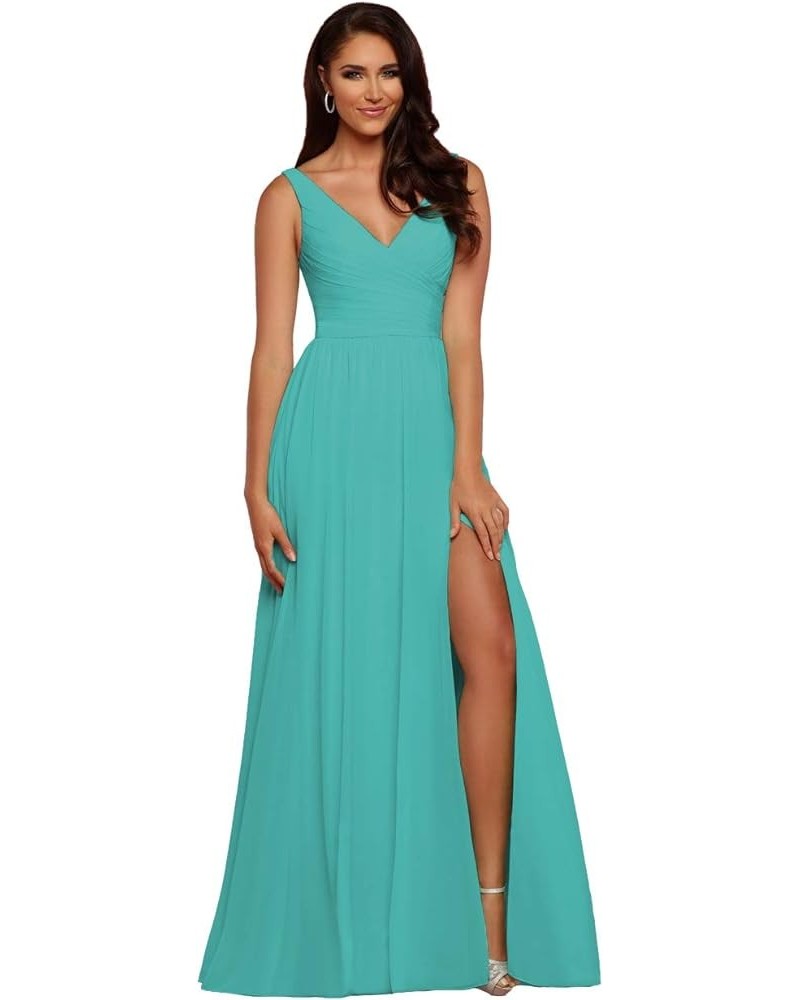 V-Neck Bridesmaid Dress Long with Slit Chiffon A-line Pleated Formal Dresses for Women WD1932P Turquoise $24.79 Dresses