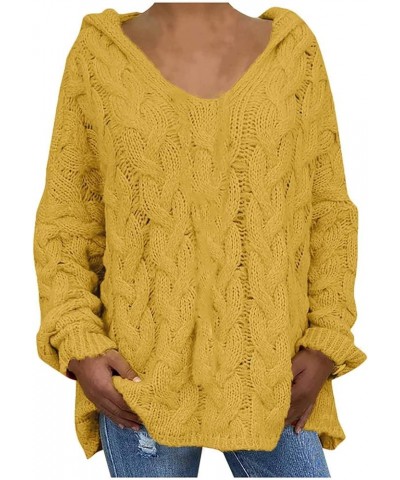 Womens Cable Knitted Sweater Hooded V-Neck Solid Color Long Sleeve Soft Pullover Casual Loose Jumper Tops Plus Size Yellow $1...