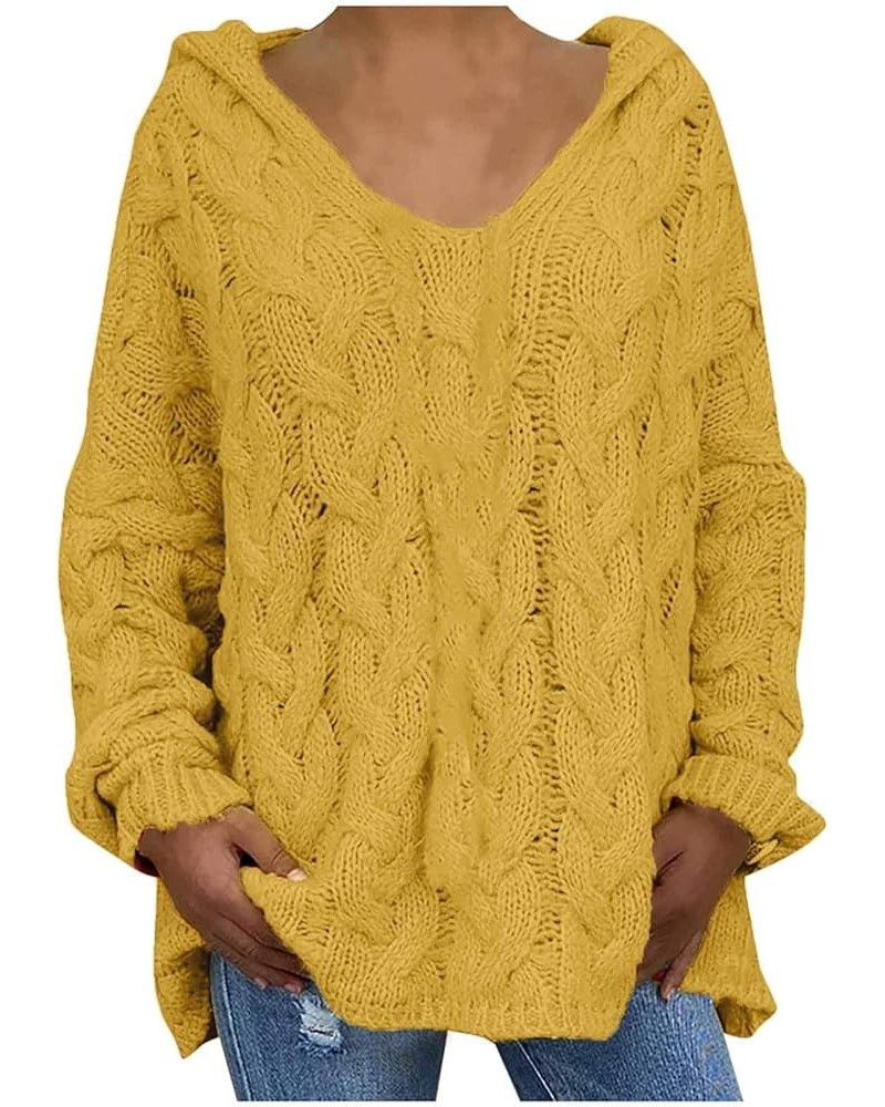 Womens Cable Knitted Sweater Hooded V-Neck Solid Color Long Sleeve Soft Pullover Casual Loose Jumper Tops Plus Size Yellow $1...