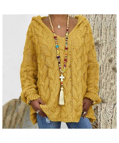 Womens Cable Knitted Sweater Hooded V-Neck Solid Color Long Sleeve Soft Pullover Casual Loose Jumper Tops Plus Size Yellow $1...