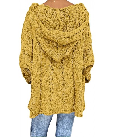 Womens Cable Knitted Sweater Hooded V-Neck Solid Color Long Sleeve Soft Pullover Casual Loose Jumper Tops Plus Size Yellow $1...