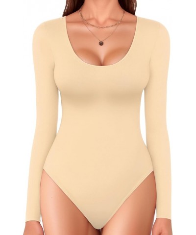 Double Lined Bodysuit Women Long Sleeve Scoop Neck Bodysuit Basic Shirts Tops Nude $13.74 Bodysuits