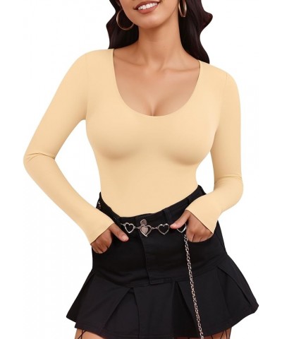 Double Lined Bodysuit Women Long Sleeve Scoop Neck Bodysuit Basic Shirts Tops Nude $13.74 Bodysuits