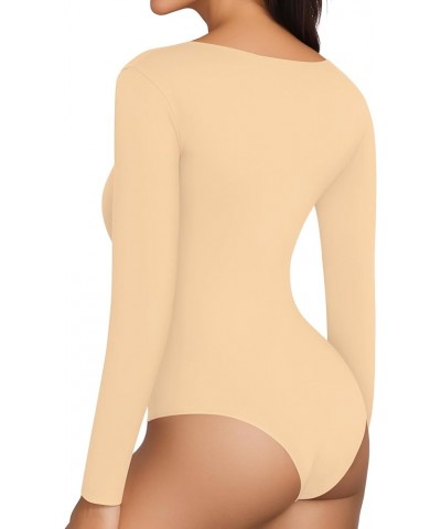 Double Lined Bodysuit Women Long Sleeve Scoop Neck Bodysuit Basic Shirts Tops Nude $13.74 Bodysuits