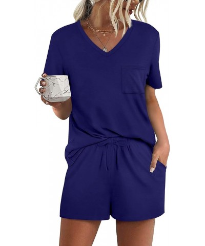 Women's Short Sleeve Pajama Sets with Pockets Casual V Neck 2 Piece Lounge Sets S-3XL 10-navy $13.06 Sleep & Lounge