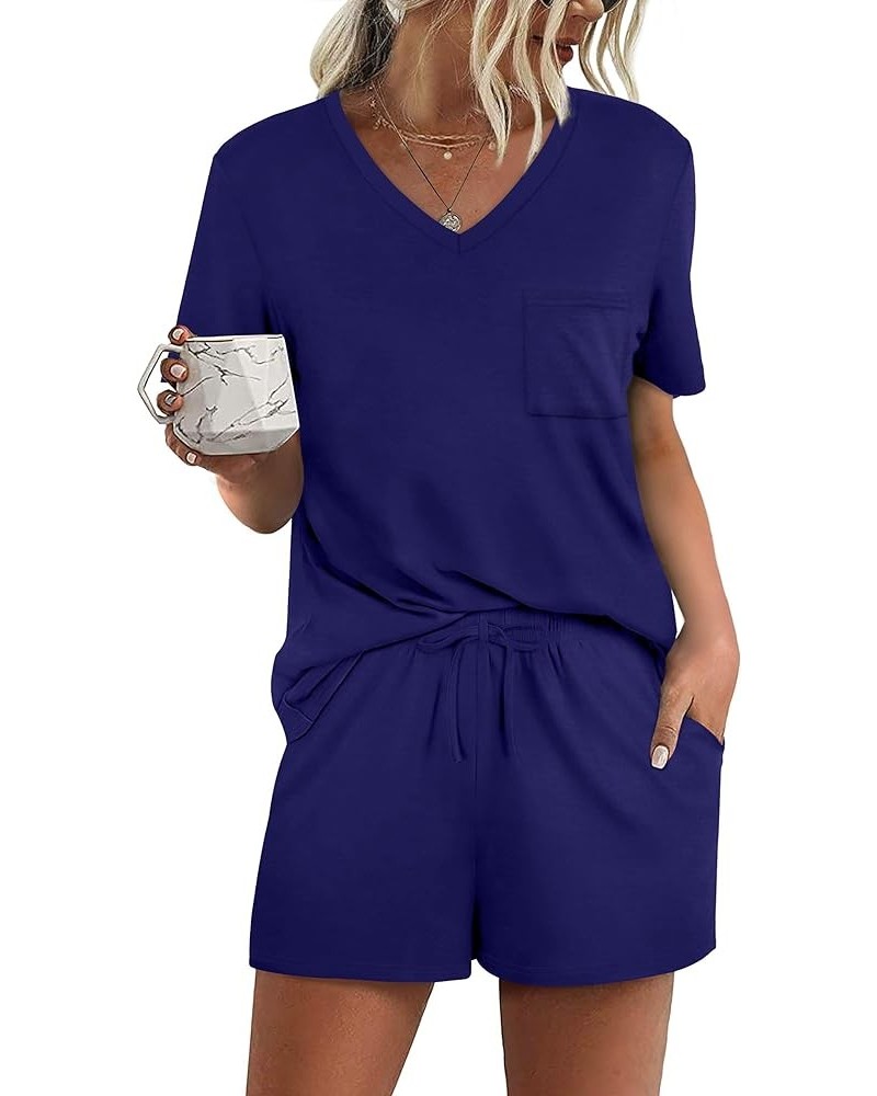 Women's Short Sleeve Pajama Sets with Pockets Casual V Neck 2 Piece Lounge Sets S-3XL 10-navy $13.06 Sleep & Lounge