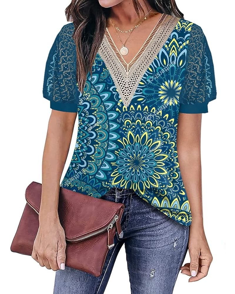 Womens Tops Casual Cute Tops Puff Sleeve Summer Tops 2024 Trendy Floral Print Lace V Neck Short Sleeve Shirts C Flower 4 $14....