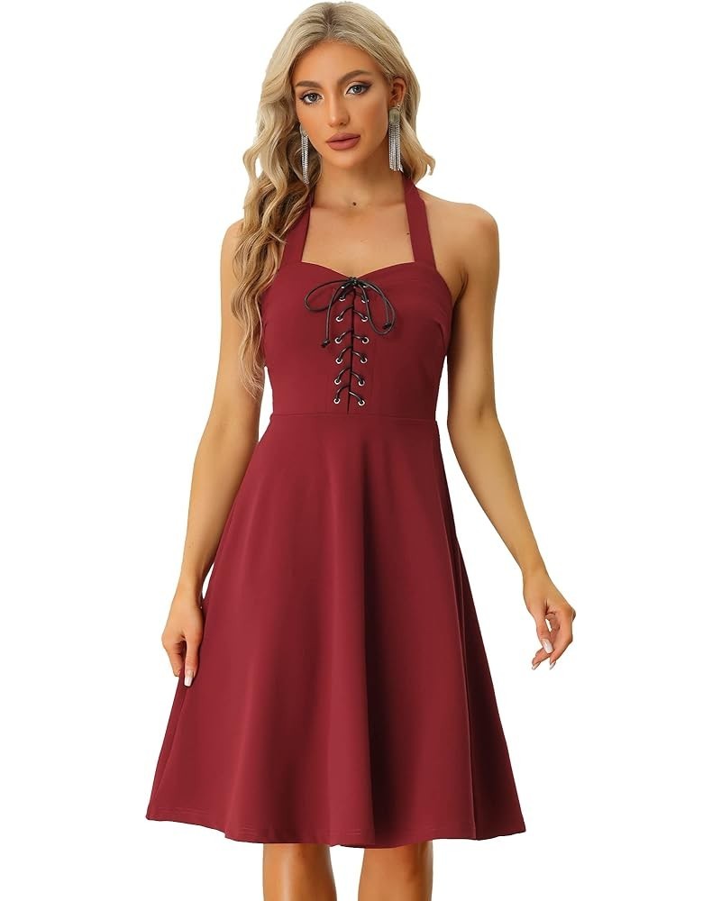 Women's Lace Up Sleeveless Dress Sweetheart Neck Bustier Gothic Vintage Dress Burgundy $18.35 Dresses