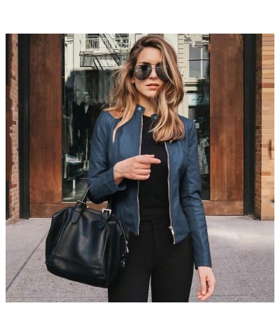 Leather Jacket for Women Lapel Motor Jacket Coat Zip Biker Short Punk Cropped Tops Light Blue $22.57 Jackets