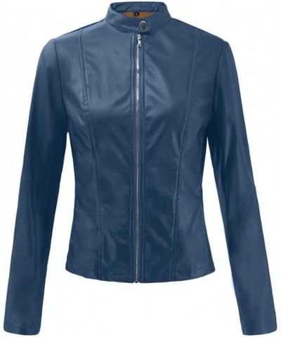 Leather Jacket for Women Lapel Motor Jacket Coat Zip Biker Short Punk Cropped Tops Light Blue $22.57 Jackets