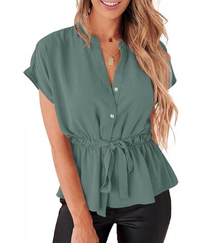 Womens Button Down Chiffon Blouses Casual Peplum Summer Tops Dressy Henley Shirts Grey Green $12.99 Tops