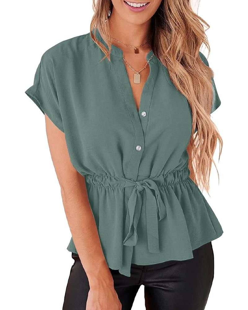 Womens Button Down Chiffon Blouses Casual Peplum Summer Tops Dressy Henley Shirts Grey Green $12.99 Tops