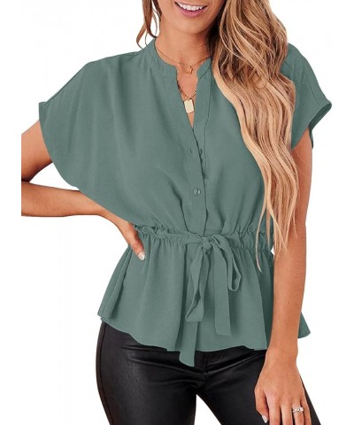 Womens Button Down Chiffon Blouses Casual Peplum Summer Tops Dressy Henley Shirts Grey Green $12.99 Tops