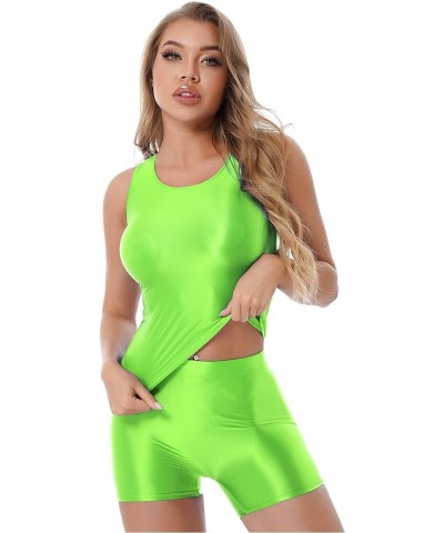 Women's Glossy Opaque Swimwear Yoga Suits Shiny Shorts Pants Training Sports Tank Top Fitness Fluorescent Green $10.64 Swimsuits