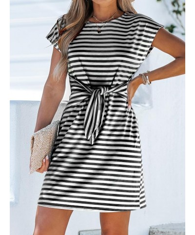 Women's Mini Dress for Round Neck Striped Knotted Belt Short Dress Short Dolman Sleeves Formal Dress Black $15.93 Dresses