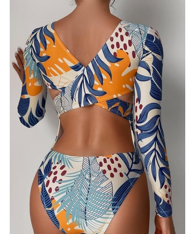 Women's Tropical Print Tummy Control Cut Out Crisscross Back One Piece Swimsuit Tropical Apricot $13.16 Swimsuits