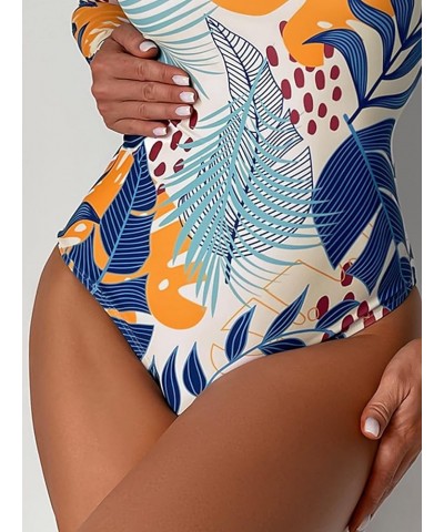 Women's Tropical Print Tummy Control Cut Out Crisscross Back One Piece Swimsuit Tropical Apricot $13.16 Swimsuits